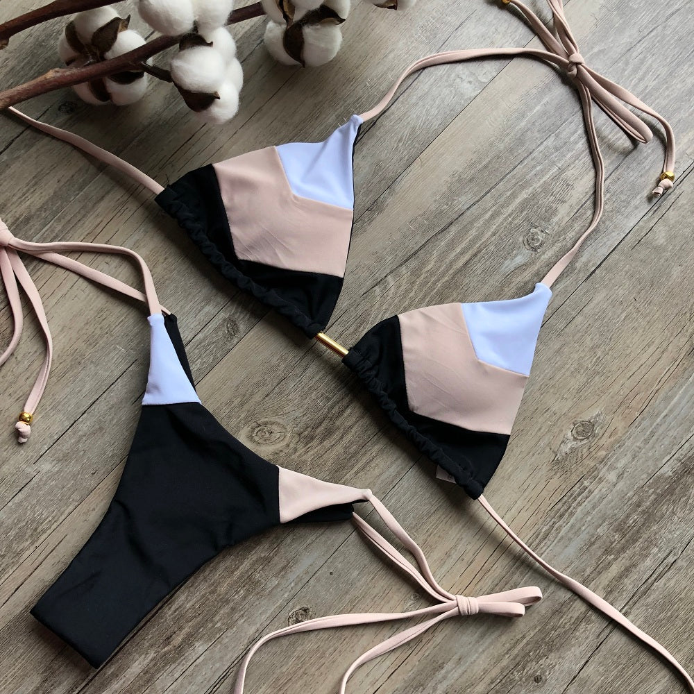 Sexy  Women's Halter Design Print Swimsuit Thong Micro Bikini