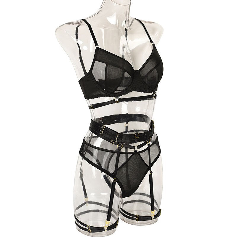 3-Piece Women's Black Lingerie Perspective Mesh Splicing Underwear Set With Leg Ring Sexy Underwear Set (SMALL SIZE ONLY)