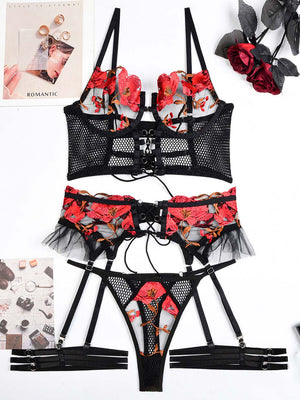 Lingerie Red Floral Embroidery Lace Women's Underwear Set