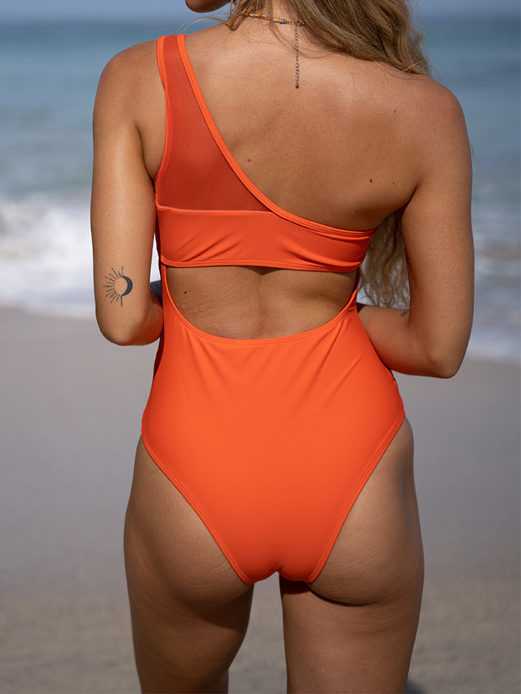 Sexy One Shoulder Mesh Patchwork One-Piece Swimsuit (Black and Orange)