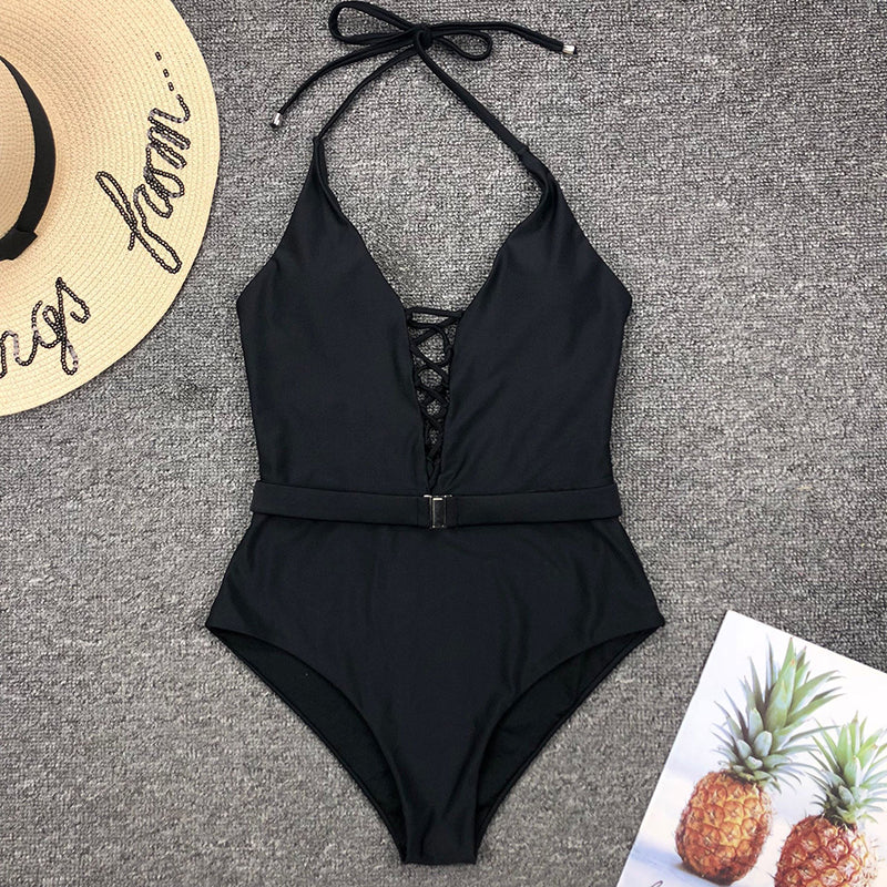 Sexy Lace Up One Piece Fused Solid Halter Swimsuit