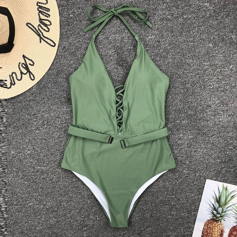 Sexy Lace Up One Piece Fused Solid Halter Swimsuit
