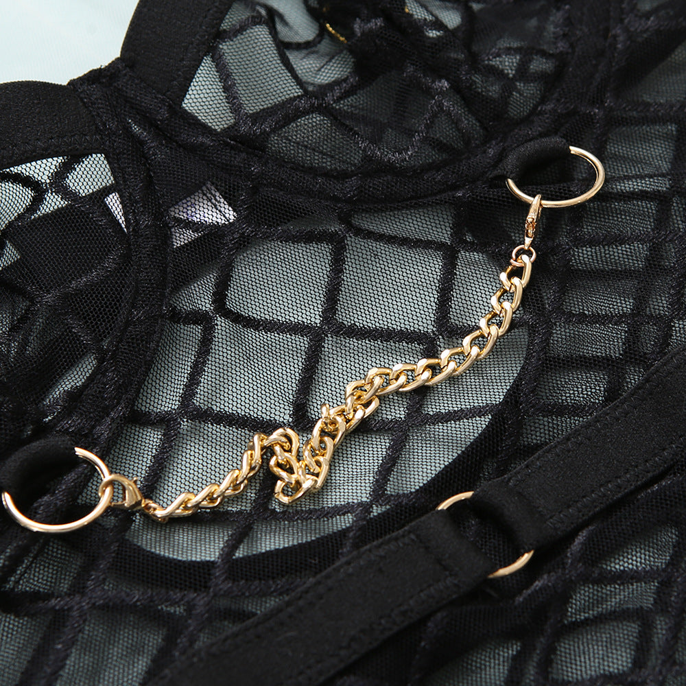 Chain Plaid Transparent Mesh Women Bodysuit Lingerie