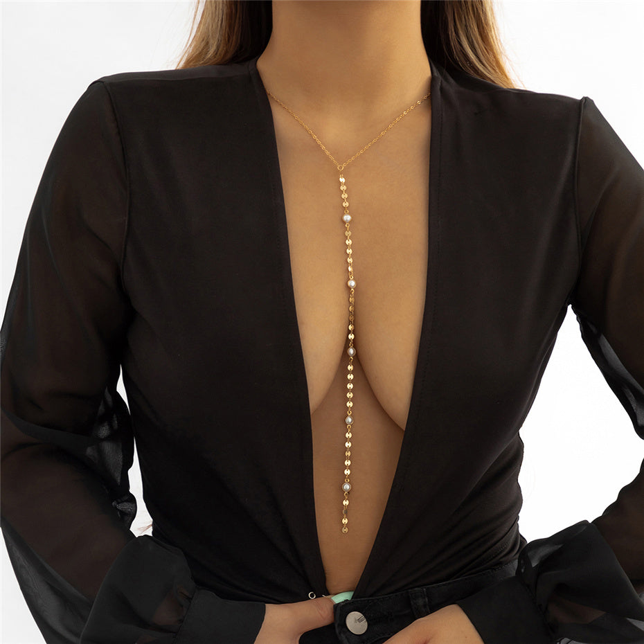 Tassel Pendant Pearl Choker Chest Chain Necklace (Gold or Silver)