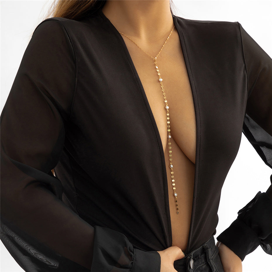 Tassel Pendant Pearl Choker Chest Chain Necklace (Gold or Silver)