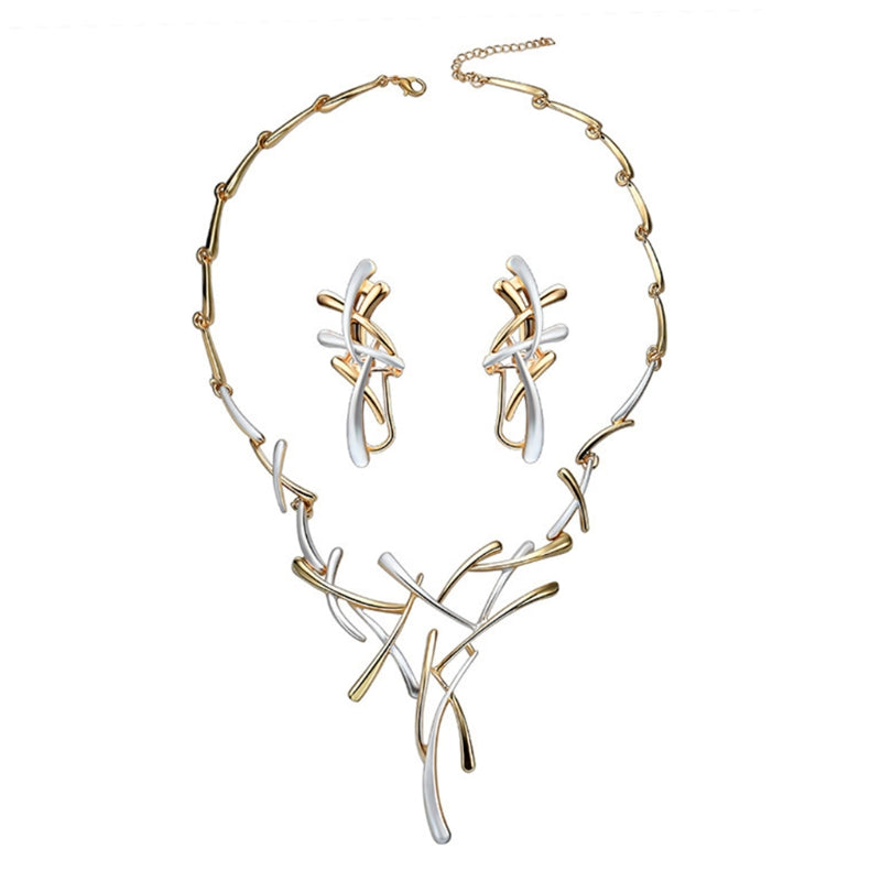 Luxury Two Tone Gold and Silver Necklace and Ear Studs Set