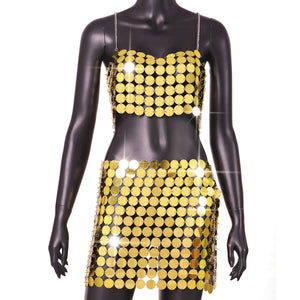 Open image in slideshow, Sexy Metal Sequin Body Top and Mini Skirt (Gold or Silver)

