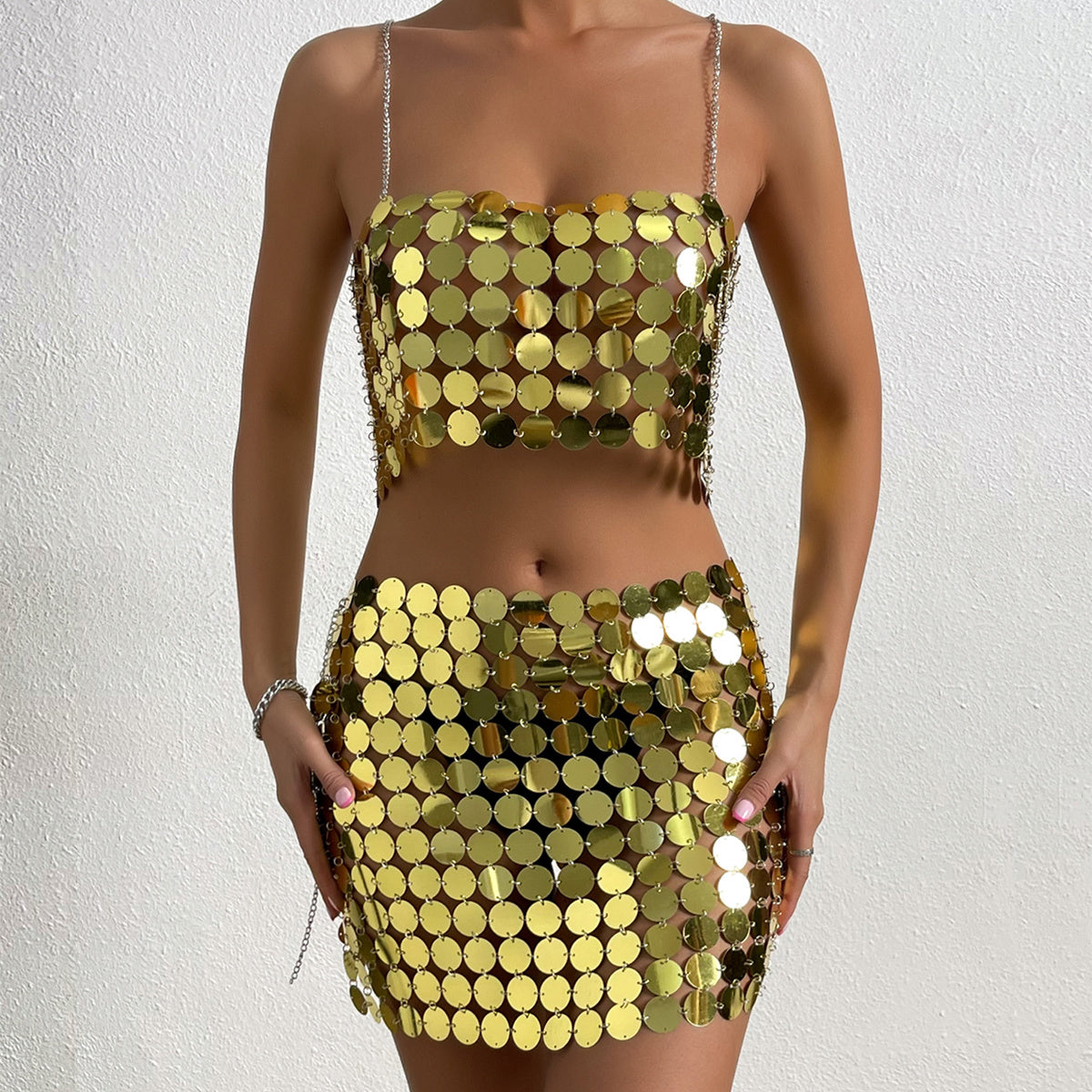 Sexy Metal Sequin Body Top and Mini Skirt (Gold or Silver)