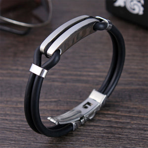 Open image in slideshow, Black Arc or Rhombus Thick Clamp Silver Metal Silicone Bangle Bracelet
